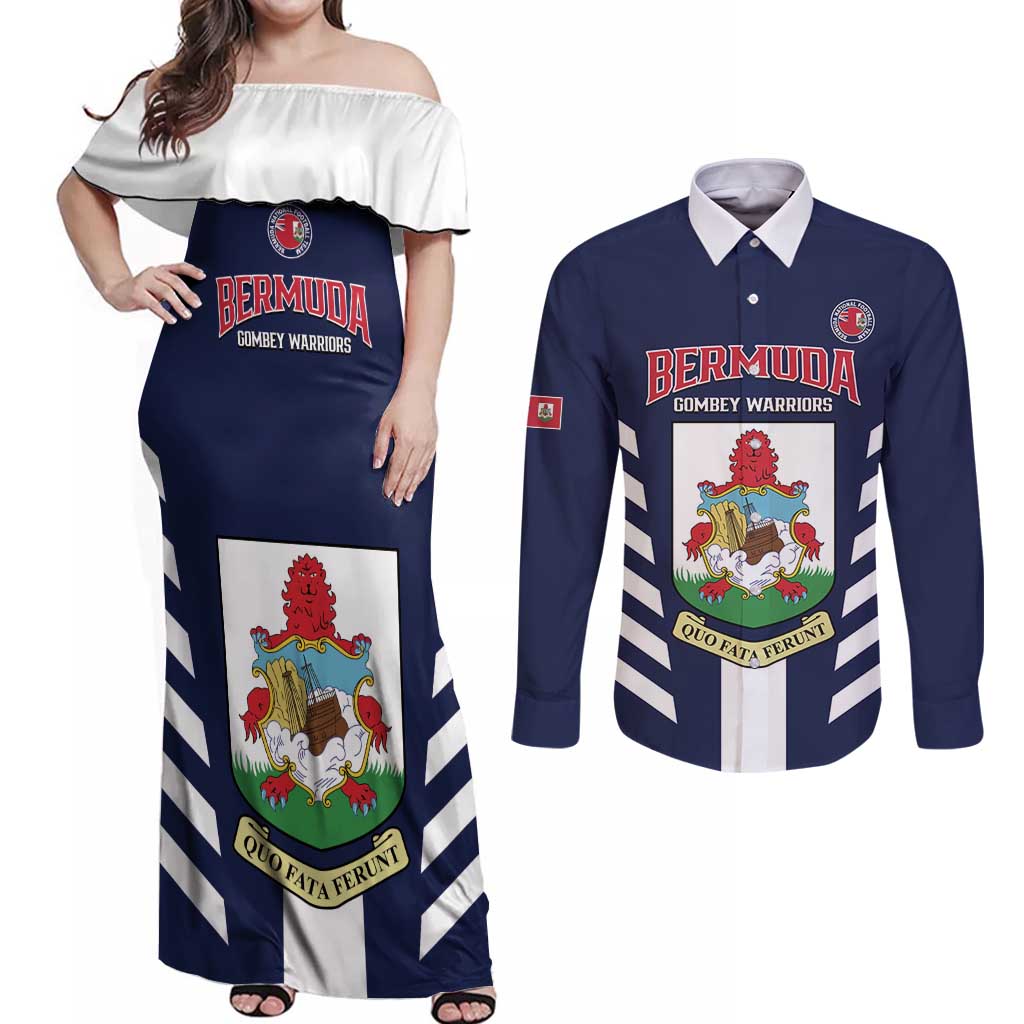 Custom Bermuda Football Couples Matching Off Shoulder Maxi Dress and Long Sleeve Button Shirt 2025 Go Gombey Warriors - Blue