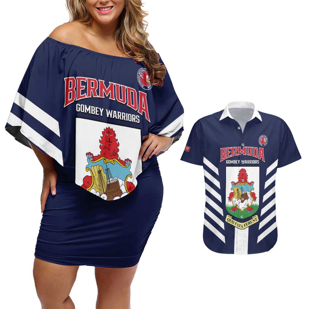 Custom Bermuda Football Couples Matching Off Shoulder Short Dress and Hawaiian Shirt 2025 Go Gombey Warriors - Blue