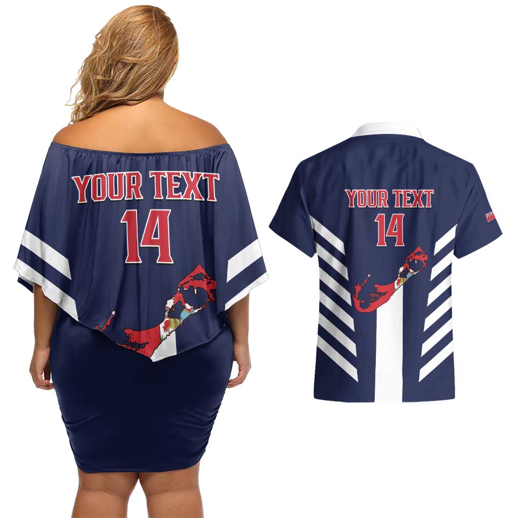 Custom Bermuda Football Couples Matching Off Shoulder Short Dress and Hawaiian Shirt 2025 Go Gombey Warriors - Blue