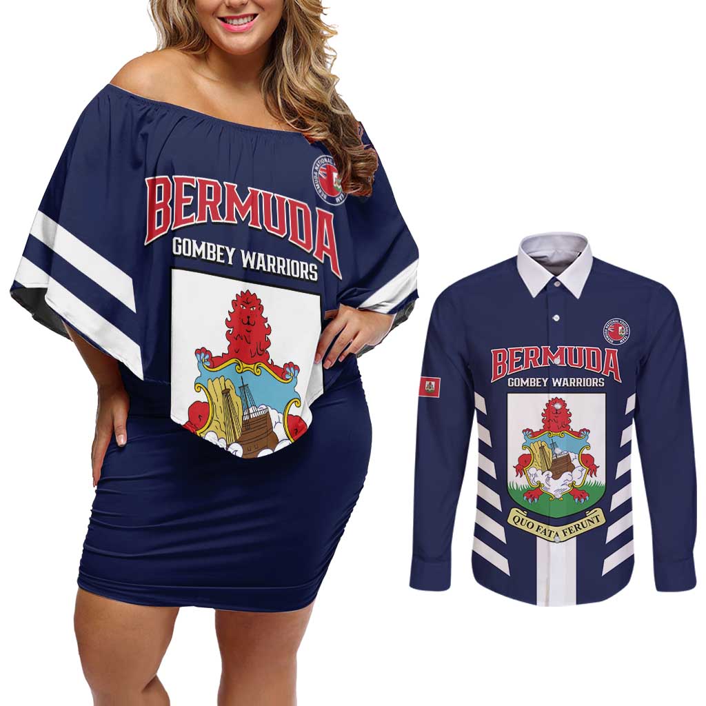 Custom Bermuda Football Couples Matching Off Shoulder Short Dress and Long Sleeve Button Shirt 2025 Go Gombey Warriors - Blue