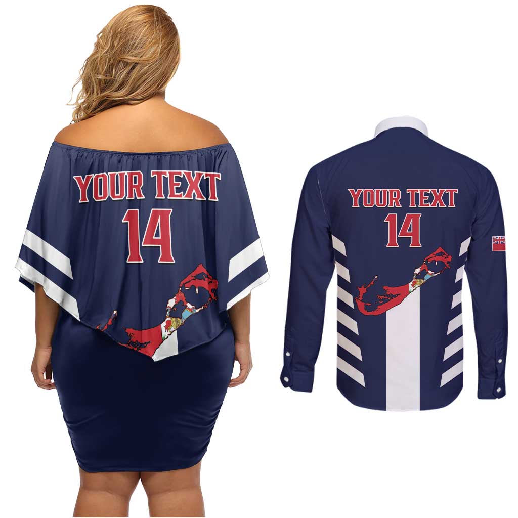 Custom Bermuda Football Couples Matching Off Shoulder Short Dress and Long Sleeve Button Shirt 2025 Go Gombey Warriors - Blue