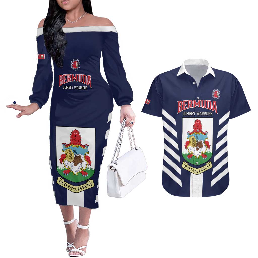 Custom Bermuda Football Couples Matching Off The Shoulder Long Sleeve Dress and Hawaiian Shirt 2025 Go Gombey Warriors - Blue