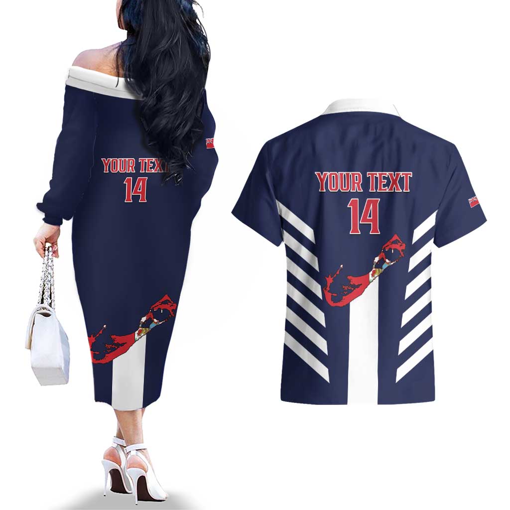 Custom Bermuda Football Couples Matching Off The Shoulder Long Sleeve Dress and Hawaiian Shirt 2025 Go Gombey Warriors - Blue