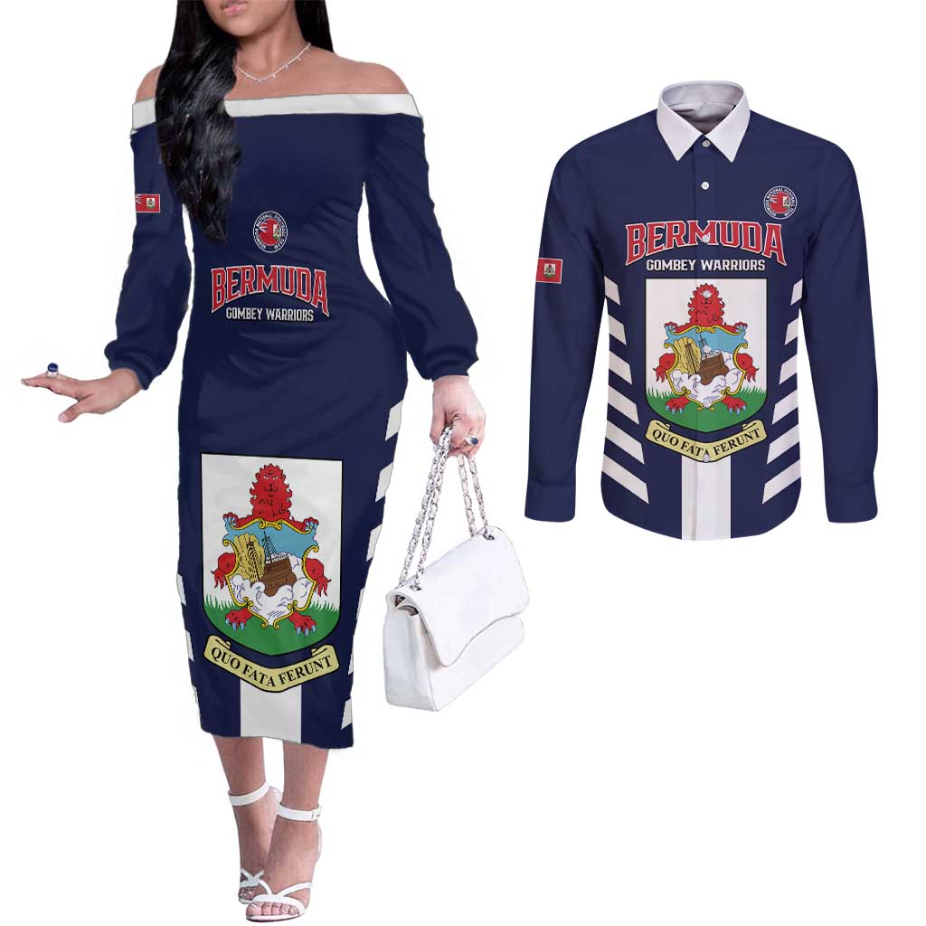 Custom Bermuda Football Couples Matching Off The Shoulder Long Sleeve Dress and Long Sleeve Button Shirt 2025 Go Gombey Warriors - Blue