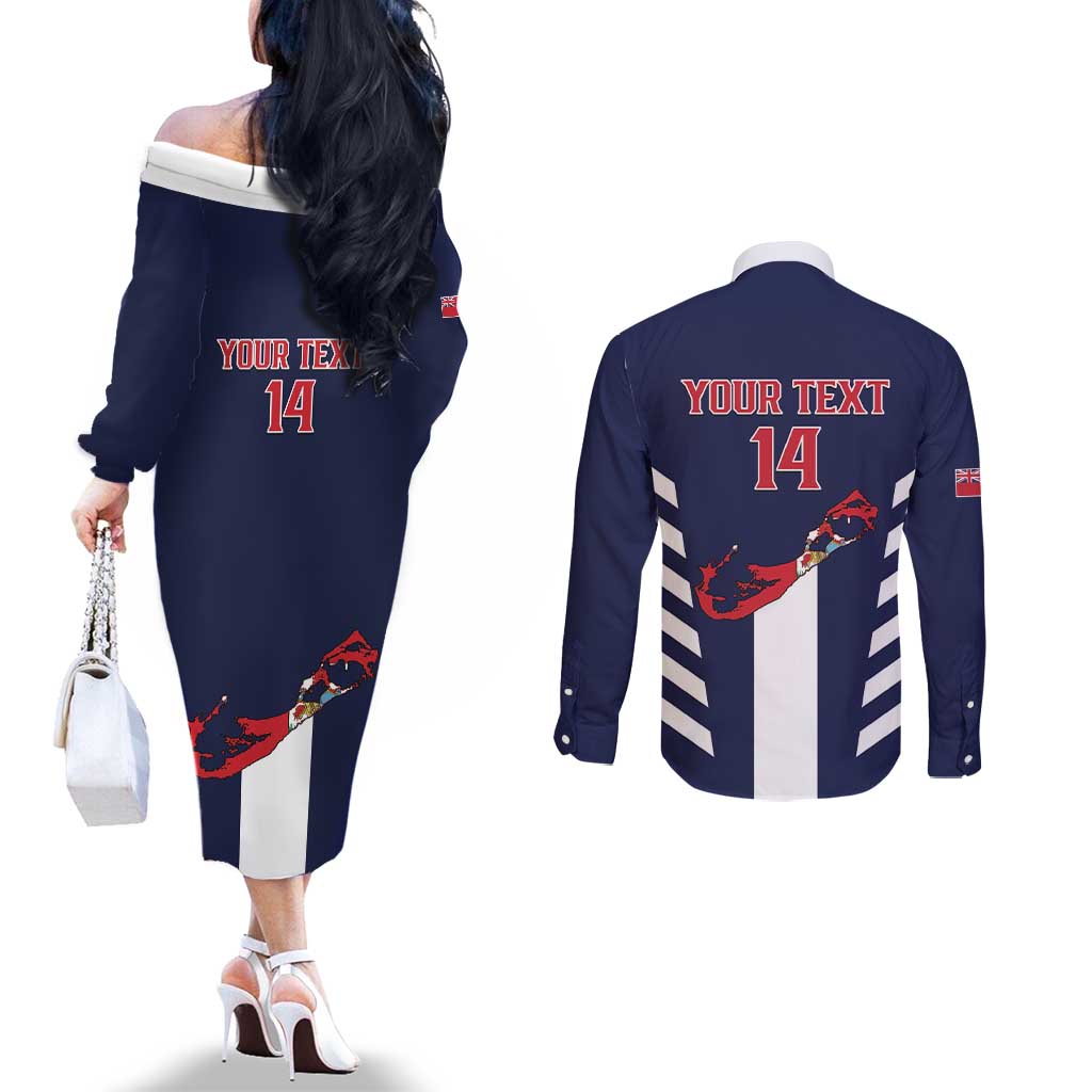 Custom Bermuda Football Couples Matching Off The Shoulder Long Sleeve Dress and Long Sleeve Button Shirt 2025 Go Gombey Warriors - Blue