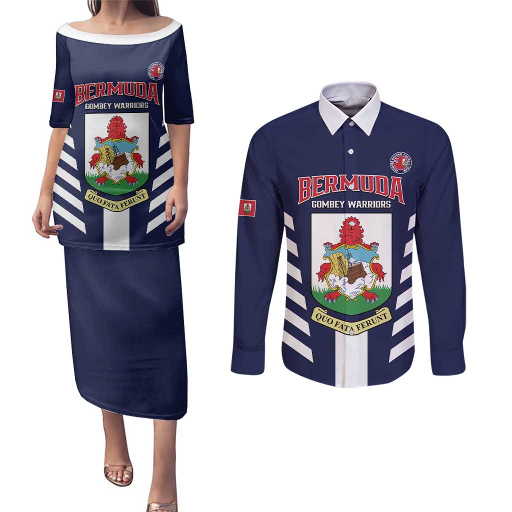 Custom Bermuda Football Couples Matching Puletasi and Long Sleeve Button Shirt 2025 Go Gombey Warriors - Blue
