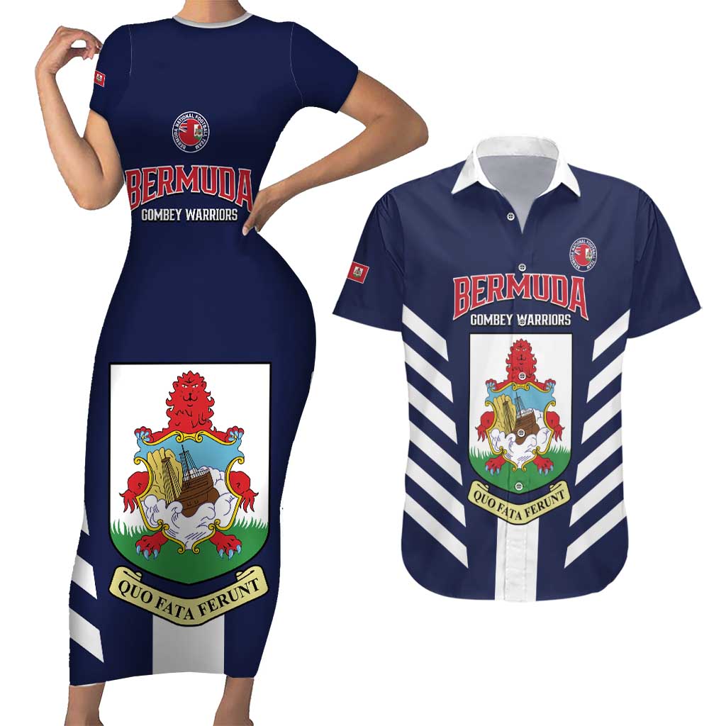 Custom Bermuda Football Couples Matching Short Sleeve Bodycon Dress and Hawaiian Shirt 2025 Go Gombey Warriors - Blue