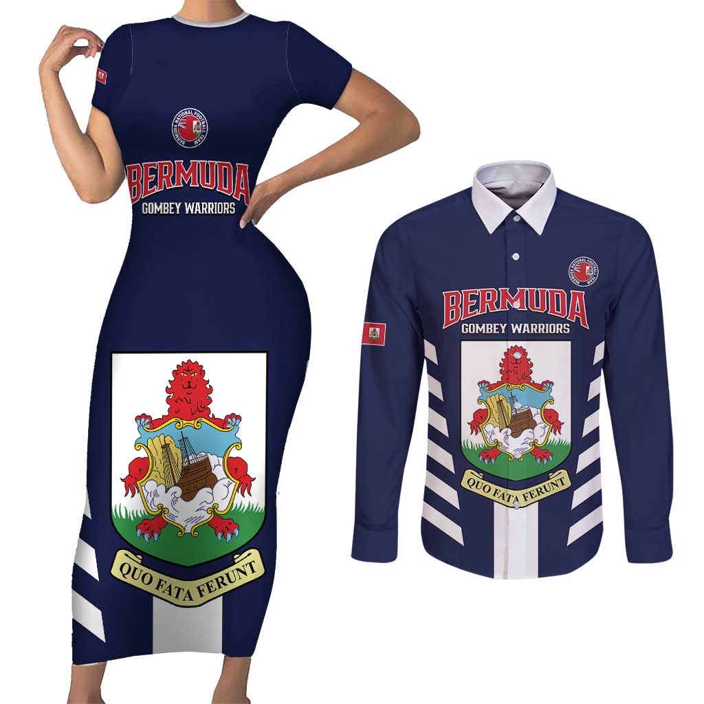 Custom Bermuda Football Couples Matching Short Sleeve Bodycon Dress and Long Sleeve Button Shirt 2025 Go Gombey Warriors - Blue