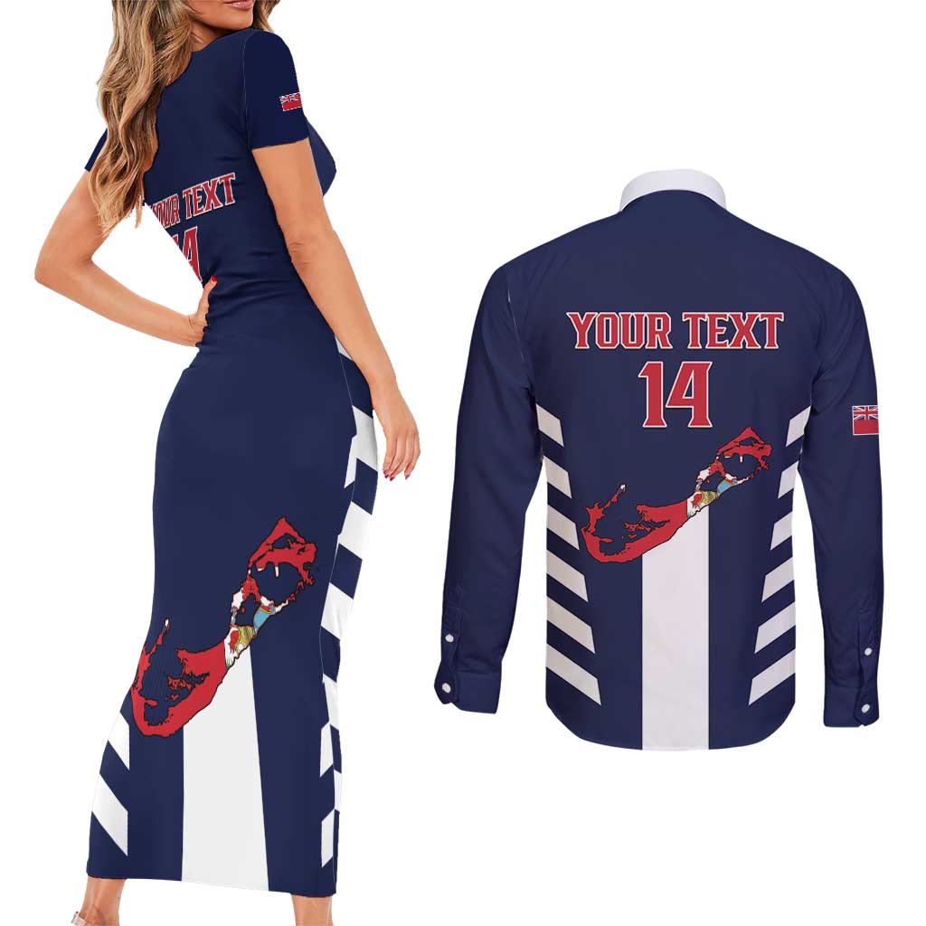 Custom Bermuda Football Couples Matching Short Sleeve Bodycon Dress and Long Sleeve Button Shirt 2025 Go Gombey Warriors - Blue