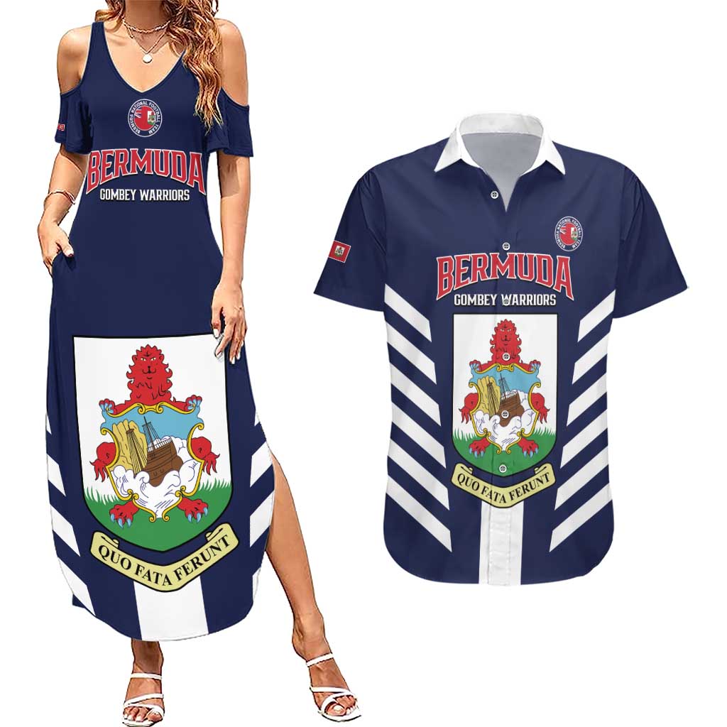 Custom Bermuda Football Couples Matching Summer Maxi Dress and Hawaiian Shirt 2025 Go Gombey Warriors - Blue