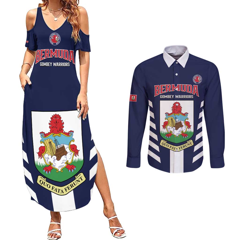 Custom Bermuda Football Couples Matching Summer Maxi Dress and Long Sleeve Button Shirt 2025 Go Gombey Warriors - Blue