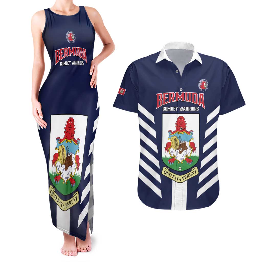 Custom Bermuda Football Couples Matching Tank Maxi Dress and Hawaiian Shirt 2025 Go Gombey Warriors - Blue
