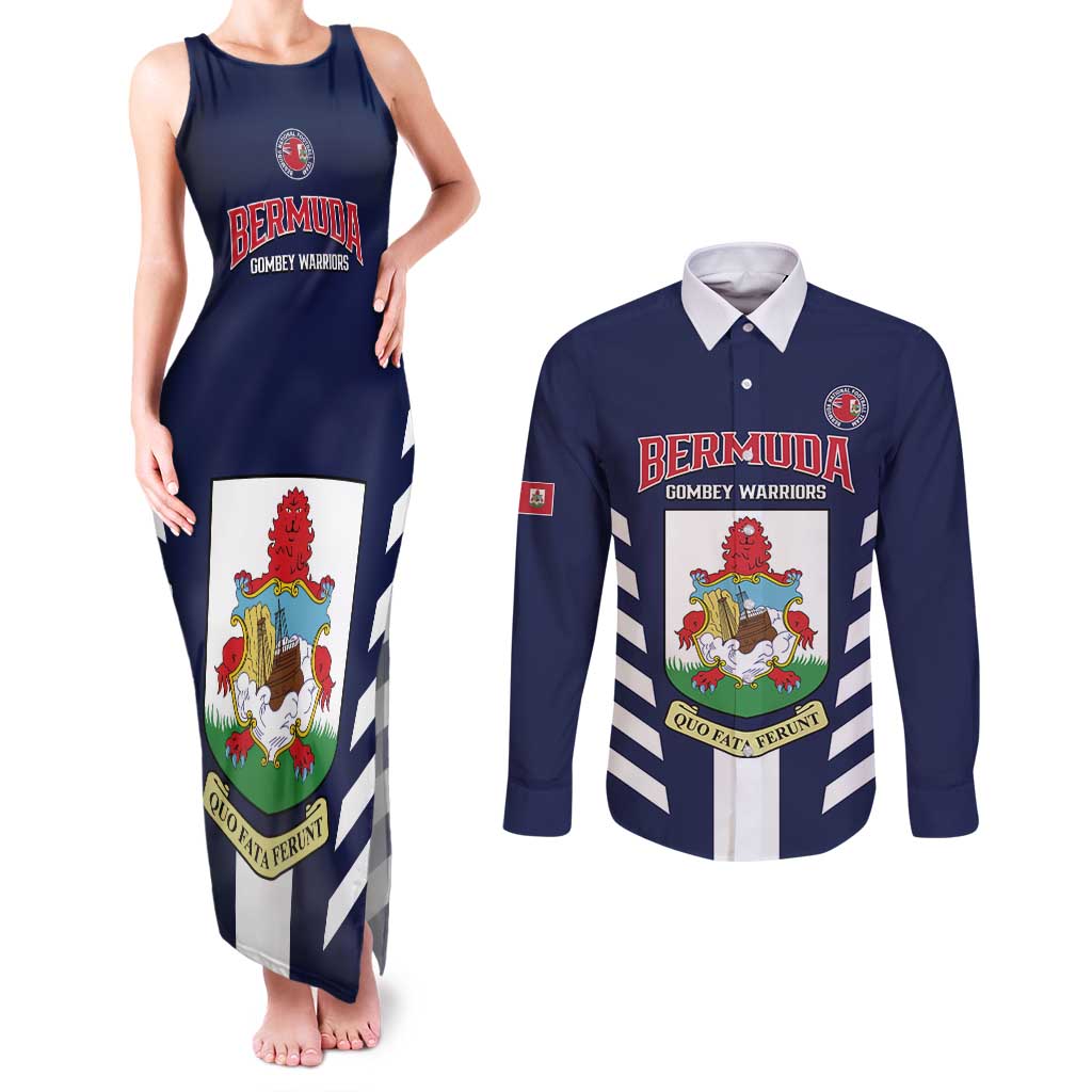 Custom Bermuda Football Couples Matching Tank Maxi Dress and Long Sleeve Button Shirt 2025 Go Gombey Warriors - Blue