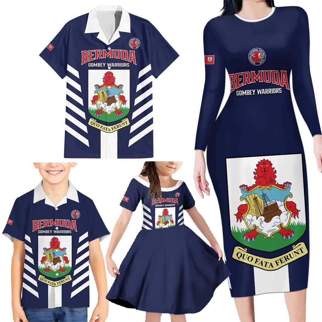 Custom Bermuda Football Family Matching Long Sleeve Bodycon Dress and Hawaiian Shirt 2025 Go Gombey Warriors - Blue