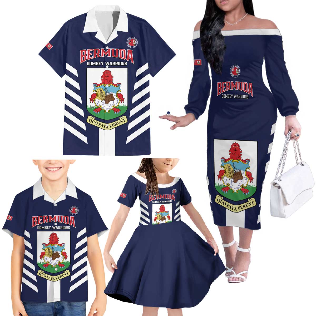 Custom Bermuda Football Family Matching Off The Shoulder Long Sleeve Dress and Hawaiian Shirt 2025 Go Gombey Warriors - Blue