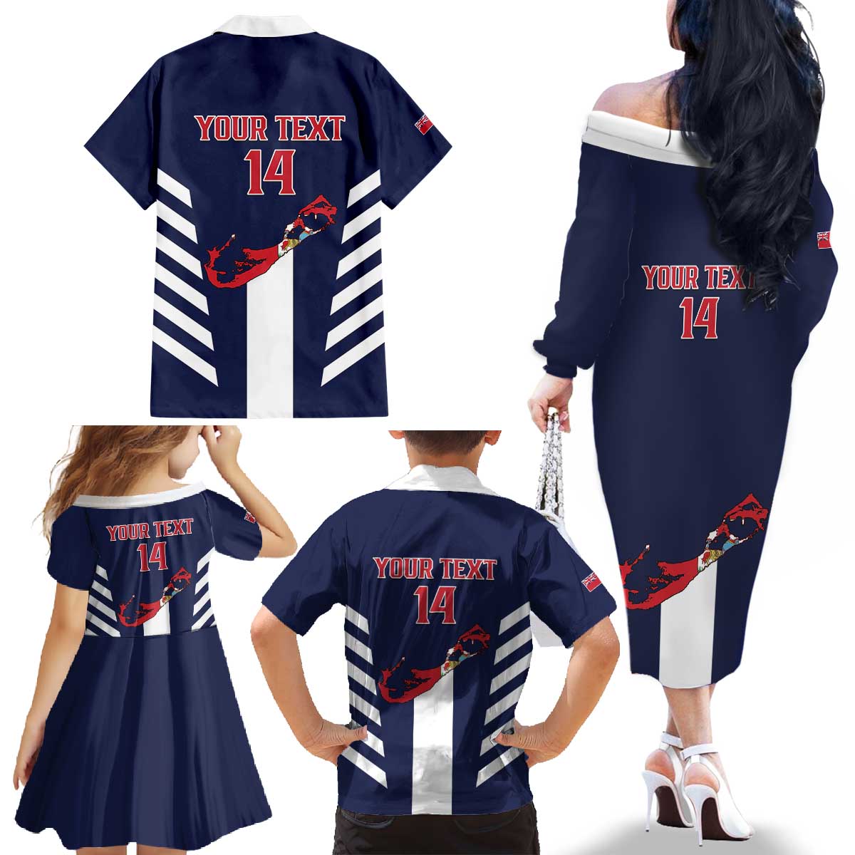 Custom Bermuda Football Family Matching Off The Shoulder Long Sleeve Dress and Hawaiian Shirt 2025 Go Gombey Warriors - Blue
