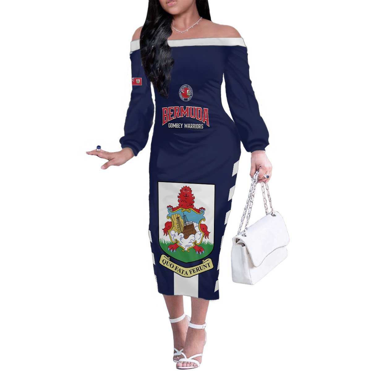 Custom Bermuda Football Family Matching Off The Shoulder Long Sleeve Dress and Hawaiian Shirt 2025 Go Gombey Warriors - Blue