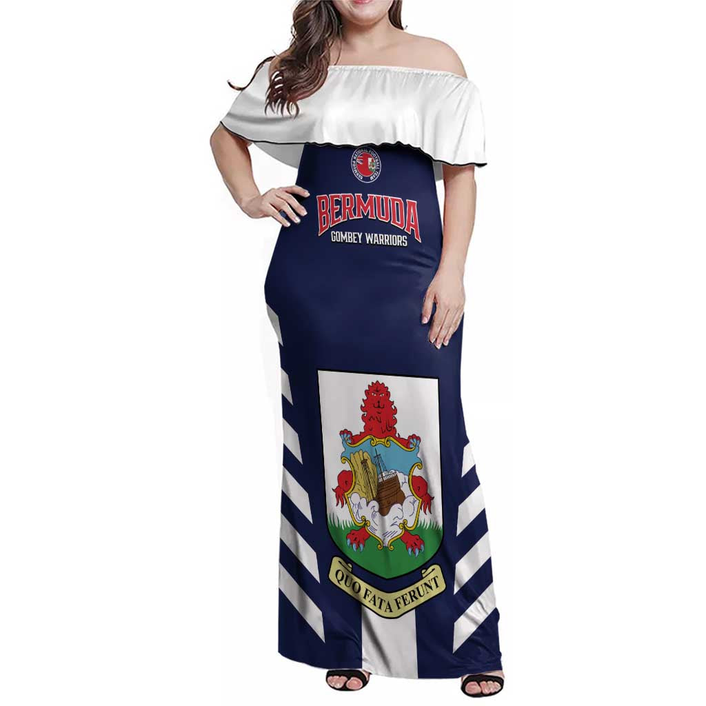 Custom Bermuda Football Family Matching Off Shoulder Maxi Dress and Hawaiian Shirt 2025 Go Gombey Warriors - Blue