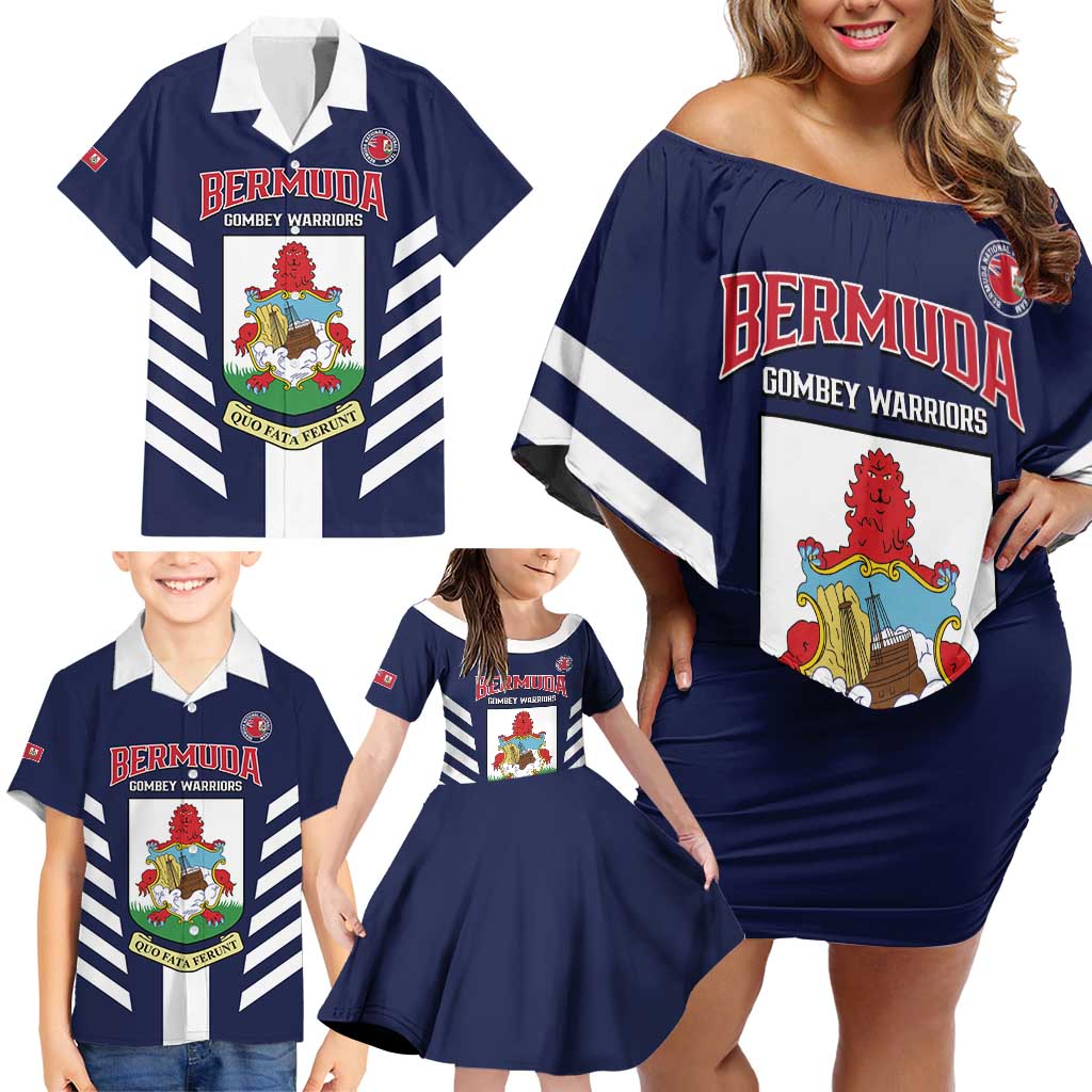 Custom Bermuda Football Family Matching Off Shoulder Short Dress and Hawaiian Shirt 2025 Go Gombey Warriors - Blue