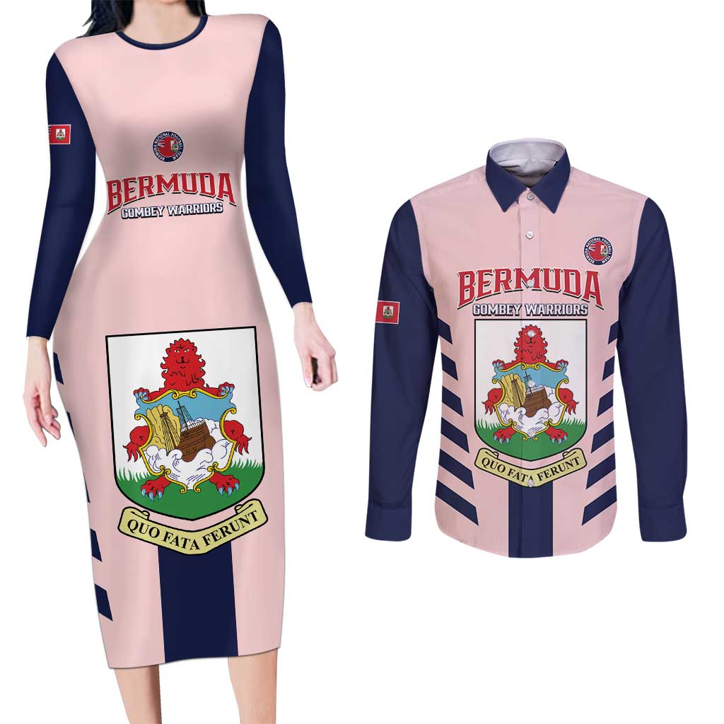 Custom Bermuda Football Couples Matching Long Sleeve Bodycon Dress and Long Sleeve Button Shirt 2025 Go Gombey Warriors - Pink