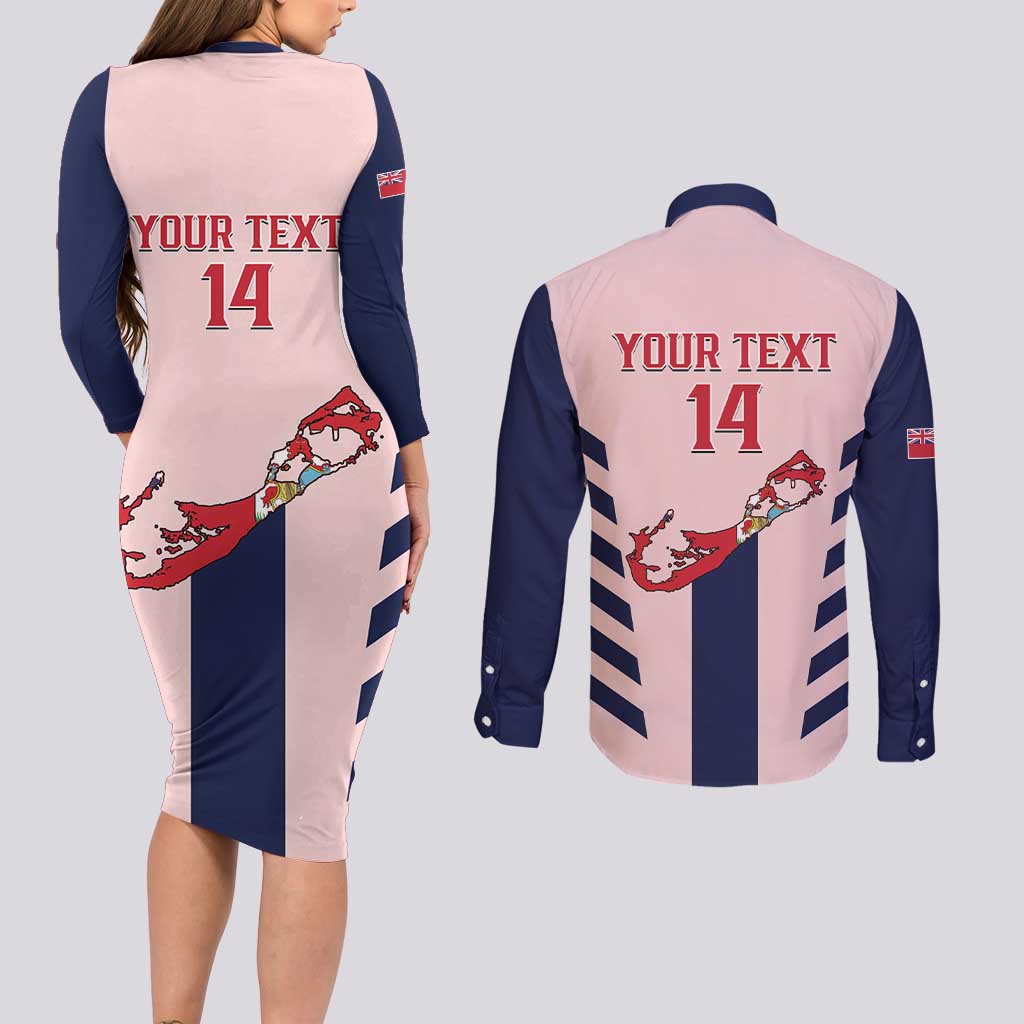 Custom Bermuda Football Couples Matching Long Sleeve Bodycon Dress and Long Sleeve Button Shirt 2025 Go Gombey Warriors - Pink