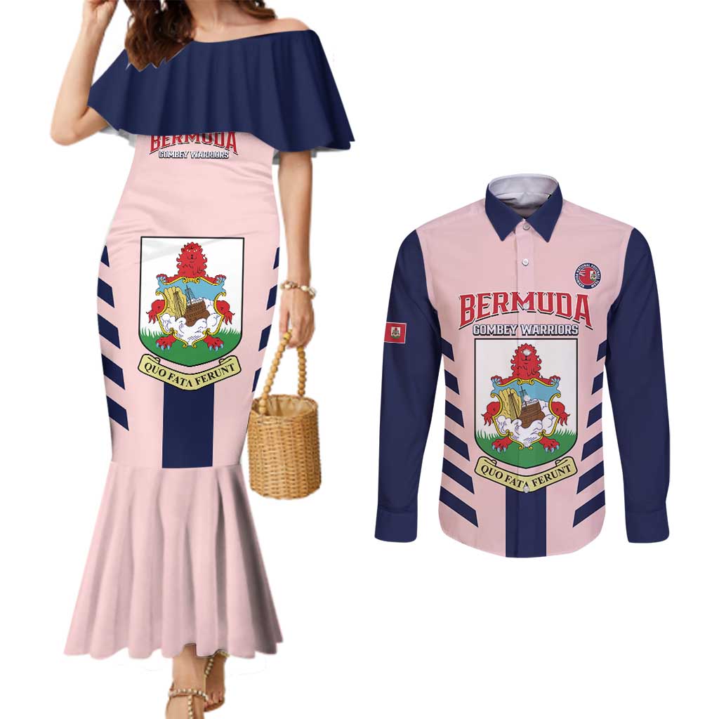 Custom Bermuda Football Couples Matching Mermaid Dress and Long Sleeve Button Shirt 2025 Go Gombey Warriors - Pink