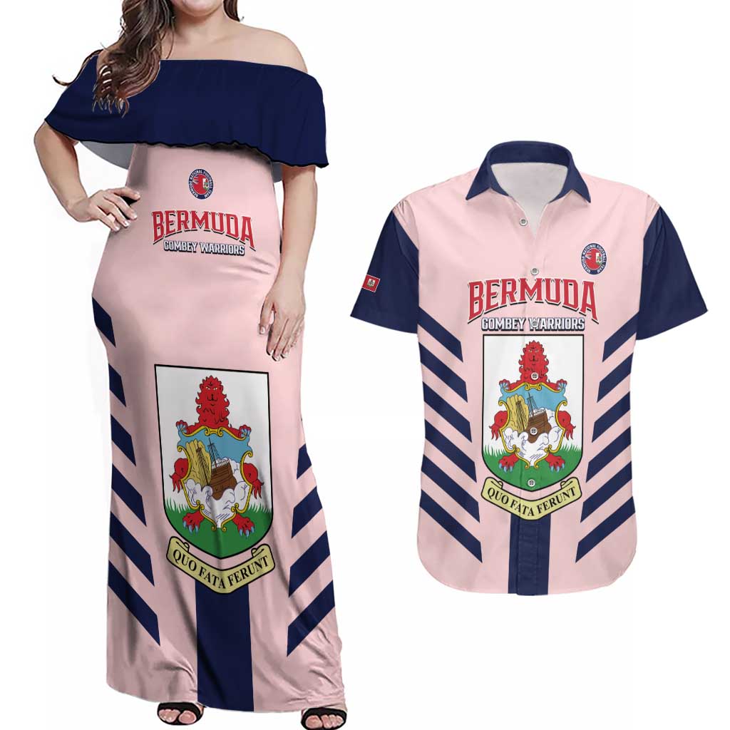 Custom Bermuda Football Couples Matching Off Shoulder Maxi Dress and Hawaiian Shirt 2025 Go Gombey Warriors - Pink