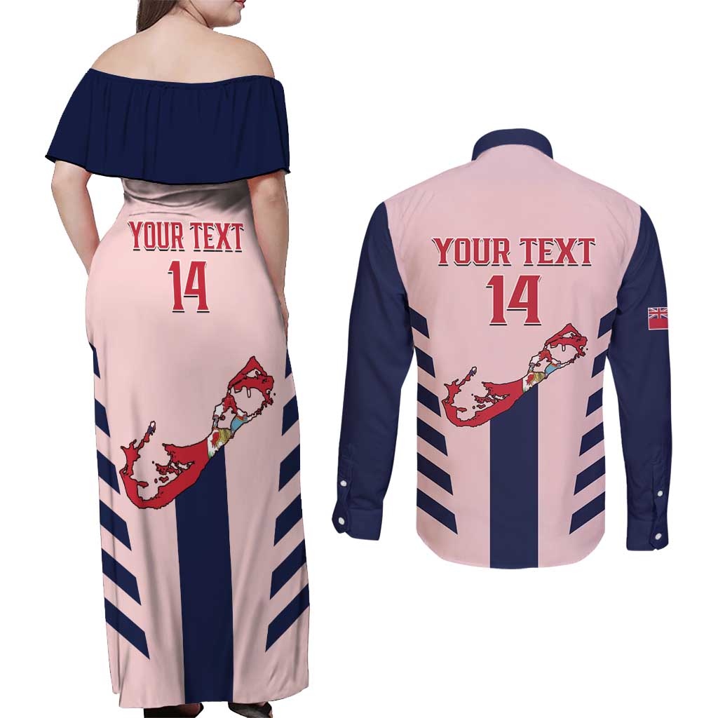 Custom Bermuda Football Couples Matching Off Shoulder Maxi Dress and Long Sleeve Button Shirt 2025 Go Gombey Warriors - Pink