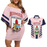 Custom Bermuda Football Couples Matching Off Shoulder Short Dress and Hawaiian Shirt 2025 Go Gombey Warriors - Pink
