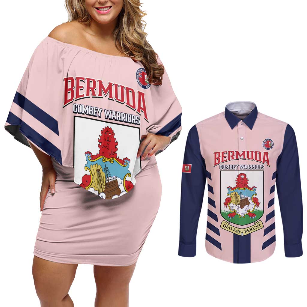 Custom Bermuda Football Couples Matching Off Shoulder Short Dress and Long Sleeve Button Shirt 2025 Go Gombey Warriors - Pink
