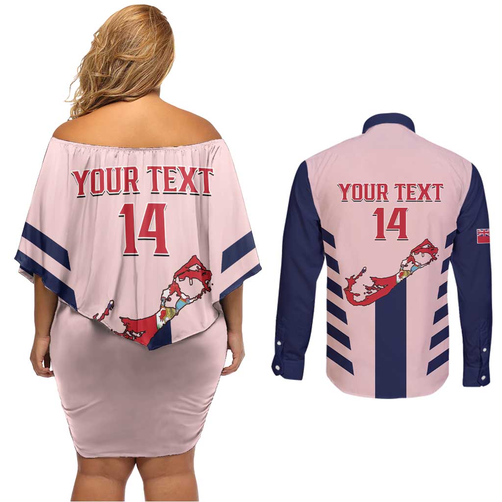 Custom Bermuda Football Couples Matching Off Shoulder Short Dress and Long Sleeve Button Shirt 2025 Go Gombey Warriors - Pink
