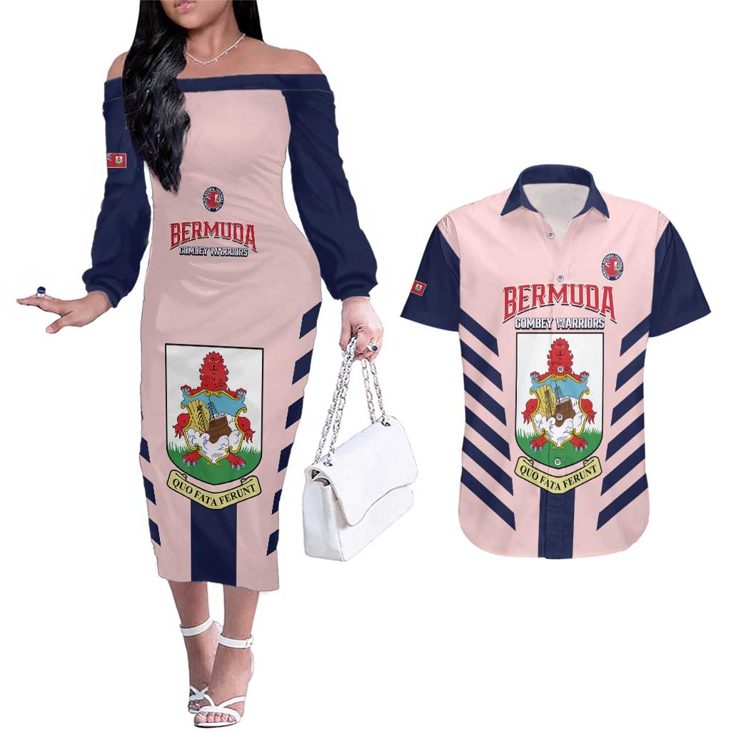 Custom Bermuda Football Couples Matching Off The Shoulder Long Sleeve Dress and Hawaiian Shirt 2025 Go Gombey Warriors - Pink