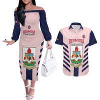 Custom Bermuda Football Couples Matching Off The Shoulder Long Sleeve Dress and Hawaiian Shirt 2025 Go Gombey Warriors - Pink