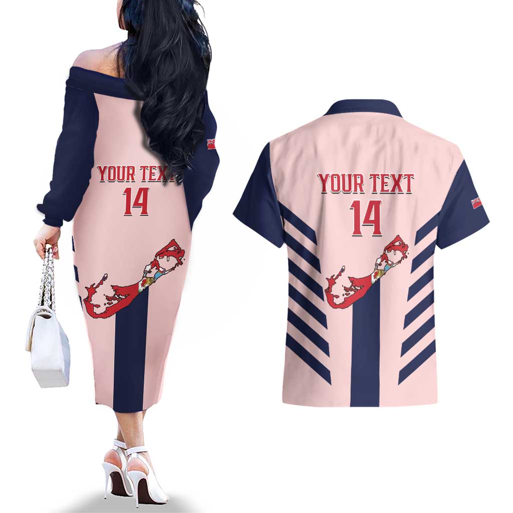 Custom Bermuda Football Couples Matching Off The Shoulder Long Sleeve Dress and Hawaiian Shirt 2025 Go Gombey Warriors - Pink