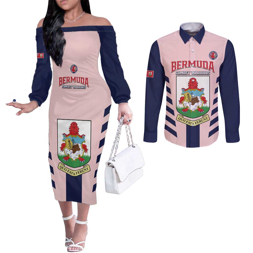 Custom Bermuda Football Couples Matching Off The Shoulder Long Sleeve Dress and Long Sleeve Button Shirt 2025 Go Gombey Warriors - Pink