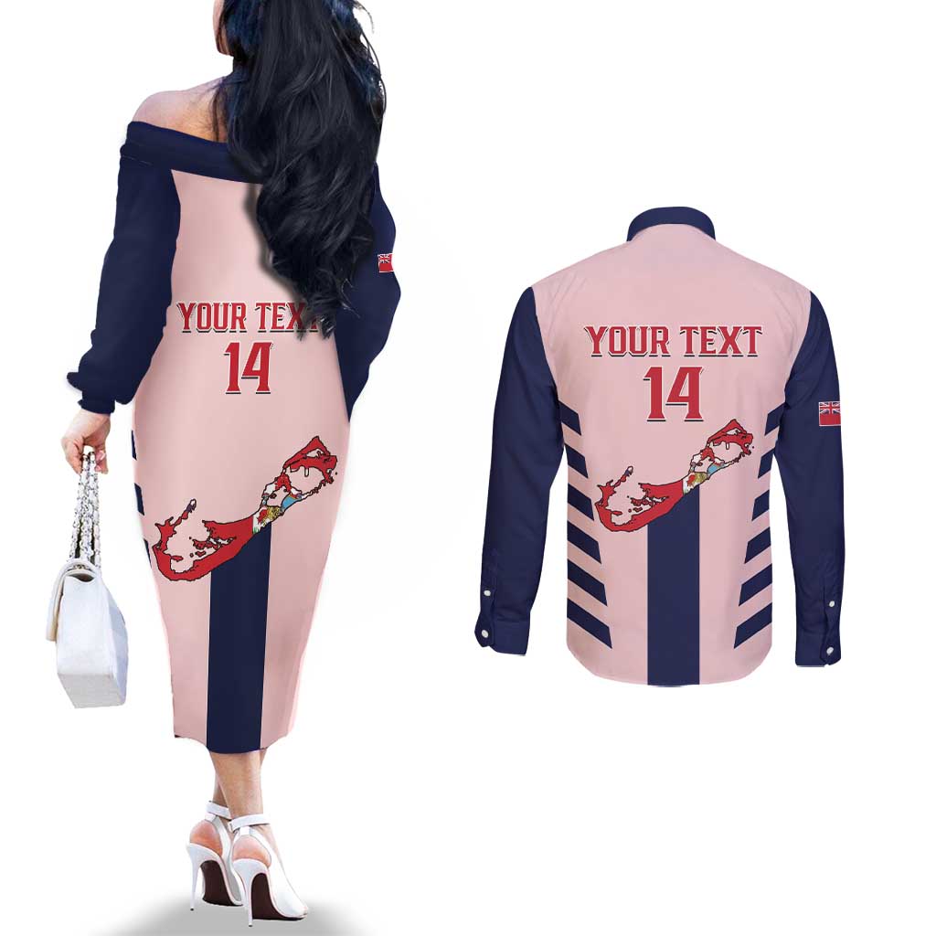 Custom Bermuda Football Couples Matching Off The Shoulder Long Sleeve Dress and Long Sleeve Button Shirt 2025 Go Gombey Warriors - Pink