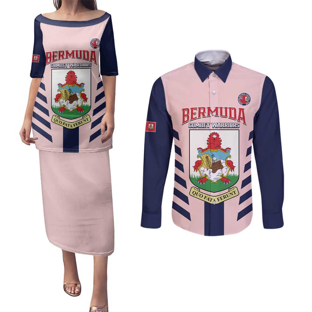 Custom Bermuda Football Couples Matching Puletasi and Long Sleeve Button Shirt 2025 Go Gombey Warriors - Pink
