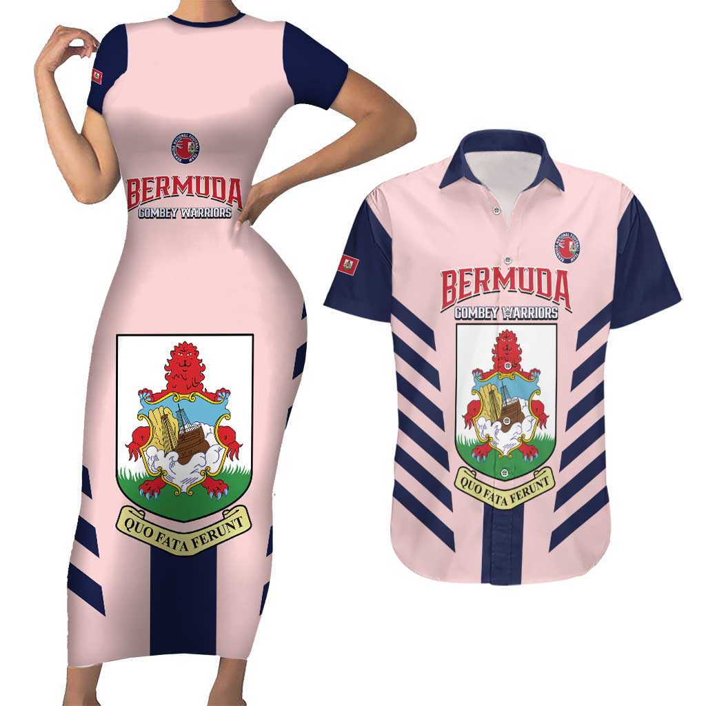 Custom Bermuda Football Couples Matching Short Sleeve Bodycon Dress and Hawaiian Shirt 2025 Go Gombey Warriors - Pink