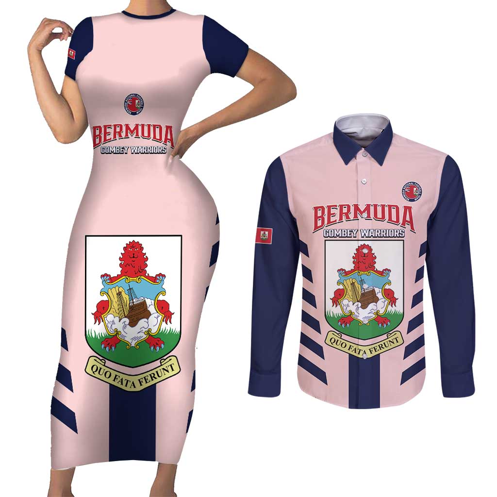 Custom Bermuda Football Couples Matching Short Sleeve Bodycon Dress and Long Sleeve Button Shirt 2025 Go Gombey Warriors - Pink