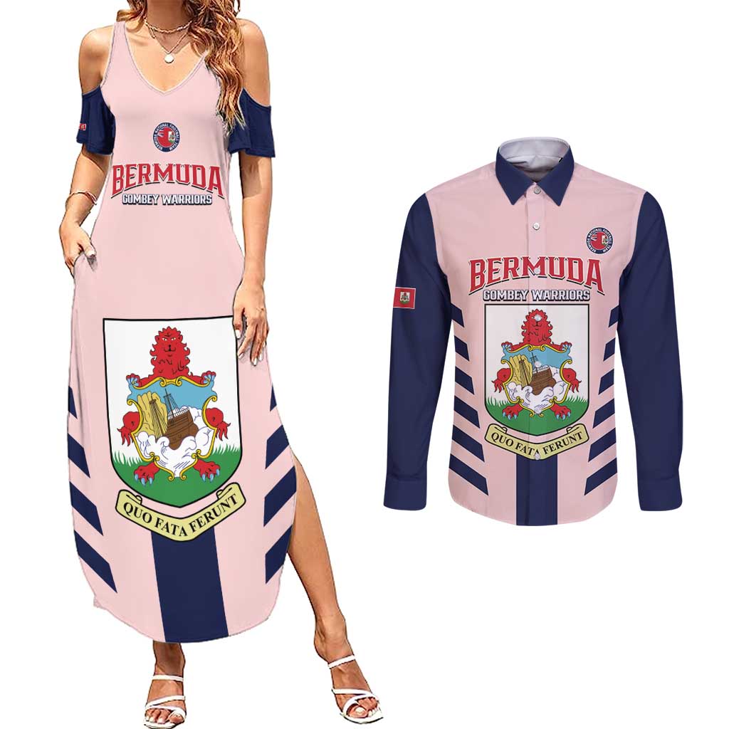 Custom Bermuda Football Couples Matching Summer Maxi Dress and Long Sleeve Button Shirt 2025 Go Gombey Warriors - Pink
