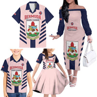 Custom Bermuda Football Family Matching Off The Shoulder Long Sleeve Dress and Hawaiian Shirt 2025 Go Gombey Warriors - Pink