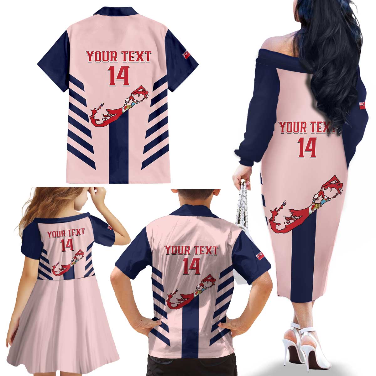 Custom Bermuda Football Family Matching Off The Shoulder Long Sleeve Dress and Hawaiian Shirt 2025 Go Gombey Warriors - Pink