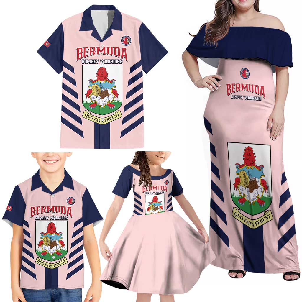 Custom Bermuda Football Family Matching Off Shoulder Maxi Dress and Hawaiian Shirt 2025 Go Gombey Warriors - Pink