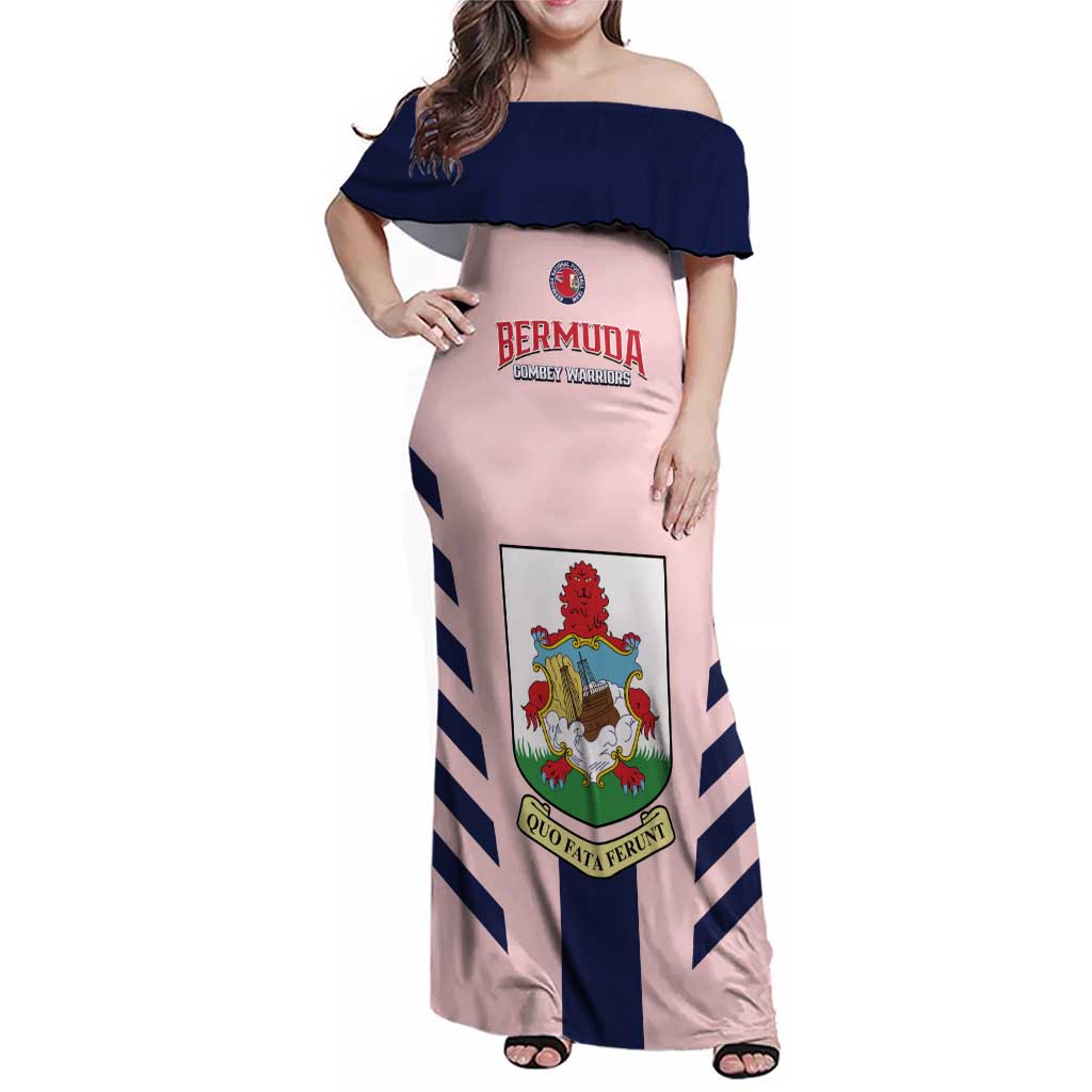 Custom Bermuda Football Family Matching Off Shoulder Maxi Dress and Hawaiian Shirt 2025 Go Gombey Warriors - Pink