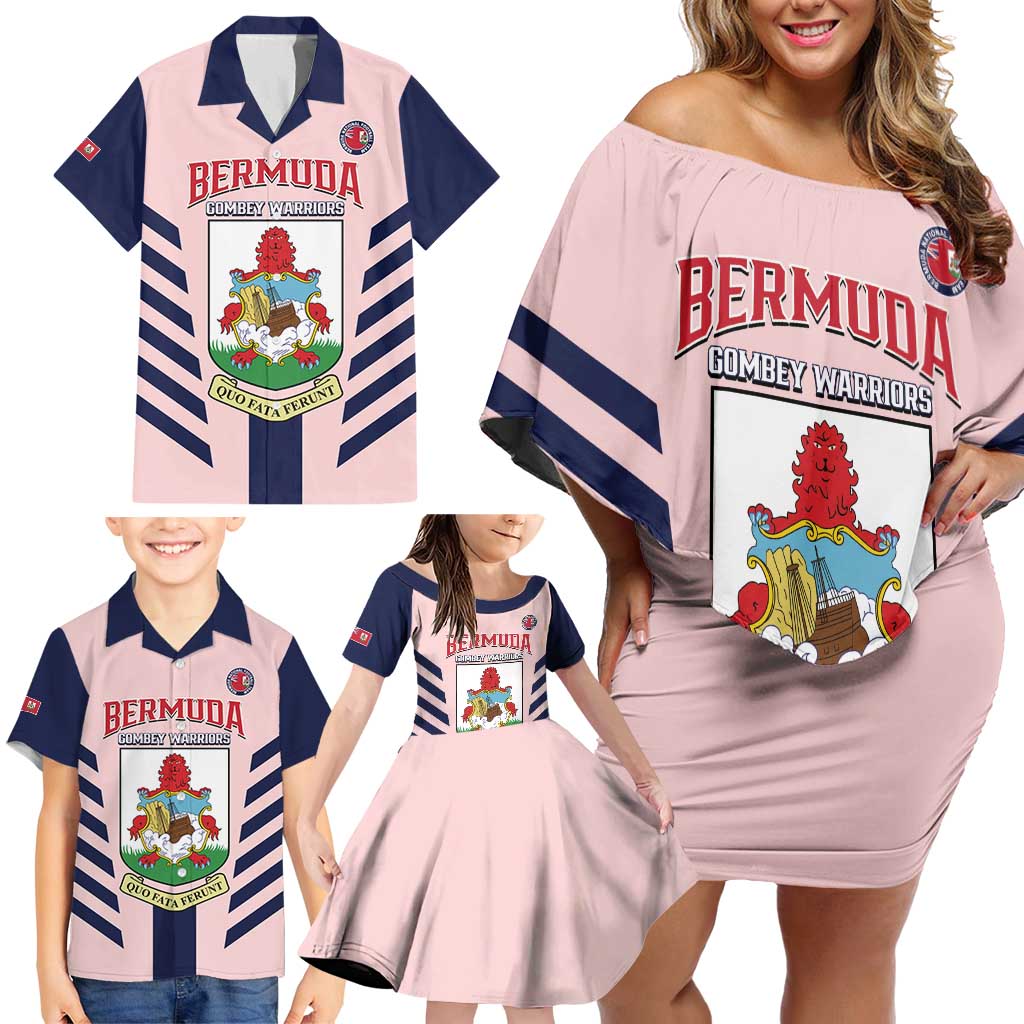 Custom Bermuda Football Family Matching Off Shoulder Short Dress and Hawaiian Shirt 2025 Go Gombey Warriors - Pink