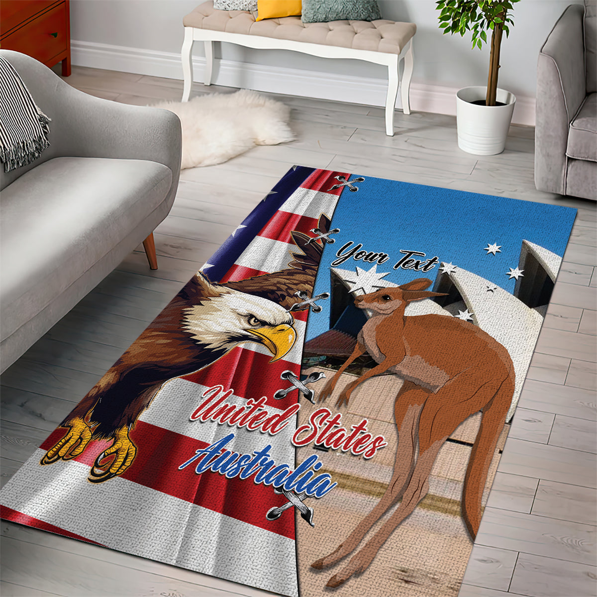 Personalised United States And Australia Area Rug USA Eagle With Aussie Kangaroo - Wonder Print Shop