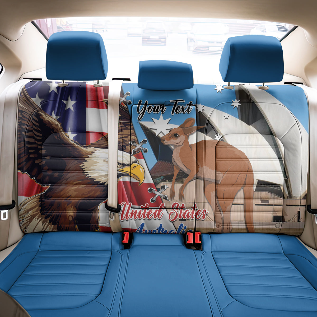 Personalised United States And Australia Back Car Seat Cover USA Eagle With Aussie Kangaroo - Wonder Print Shop