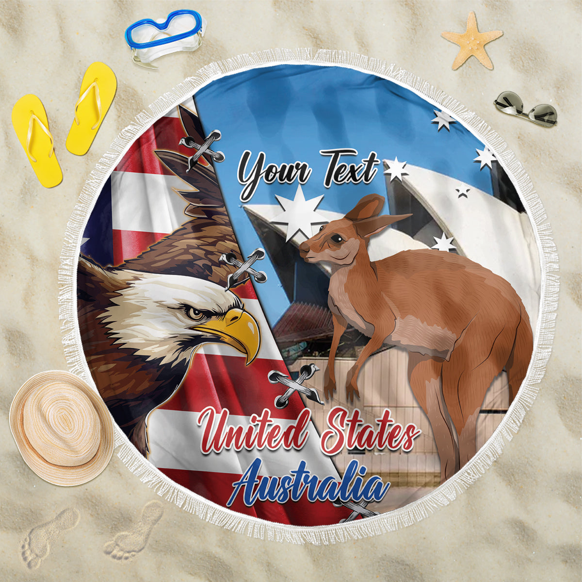 Personalised United States And Australia Beach Blanket USA Eagle With Aussie Kangaroo