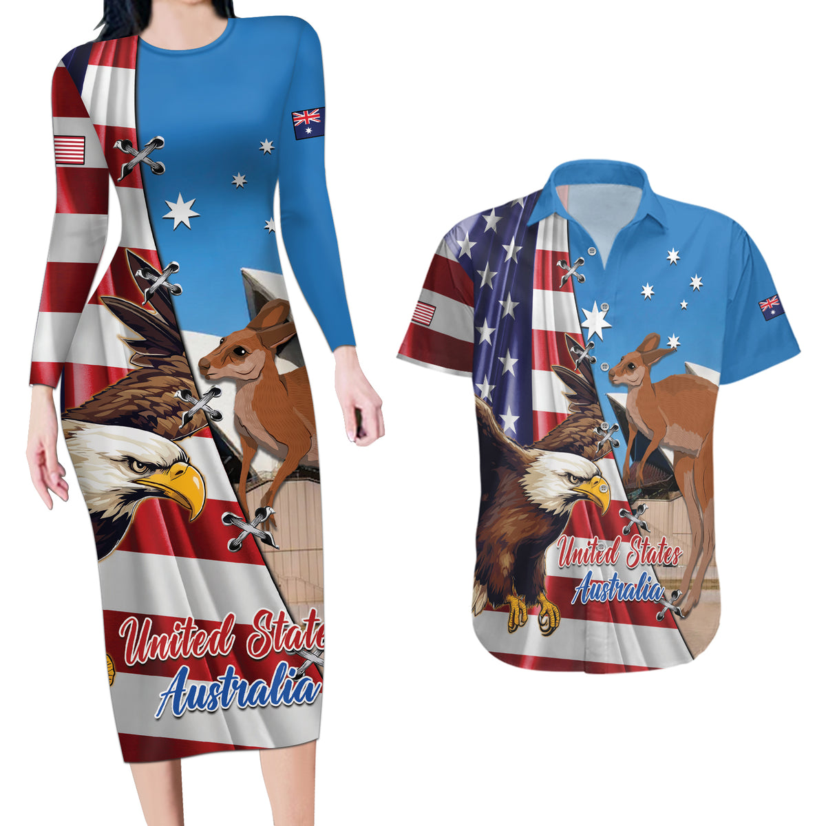 Personalised United States And Australia Couples Matching Long Sleeve Bodycon Dress and Hawaiian Shirt USA Eagle With Aussie Kangaroo - Wonder Print Shop