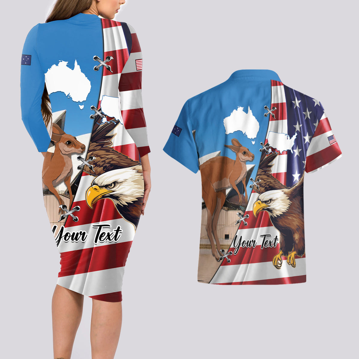 Personalised United States And Australia Couples Matching Long Sleeve Bodycon Dress and Hawaiian Shirt USA Eagle With Aussie Kangaroo - Wonder Print Shop